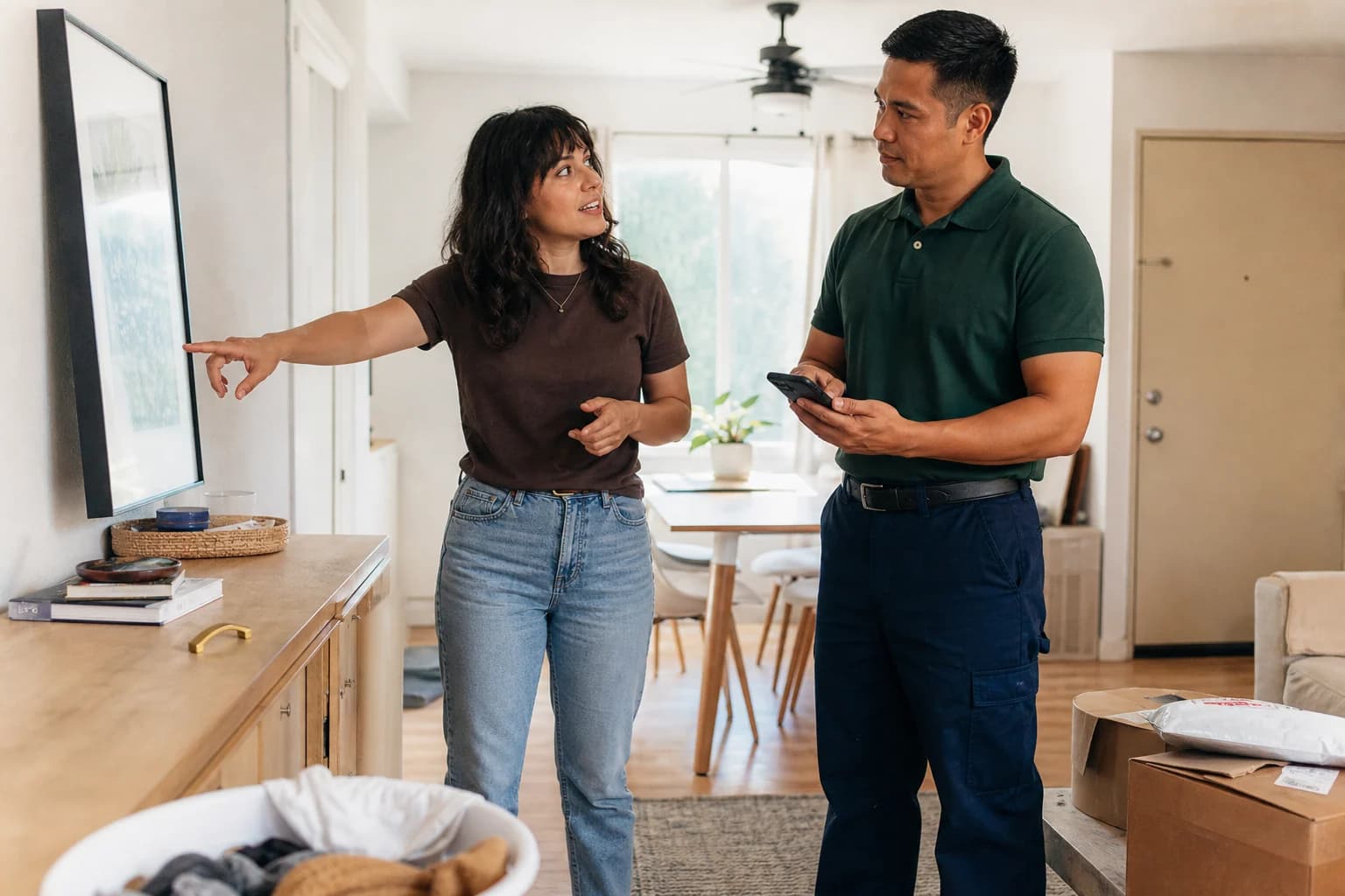 A Paloma Pro professional reviewing a home-service request with a customer