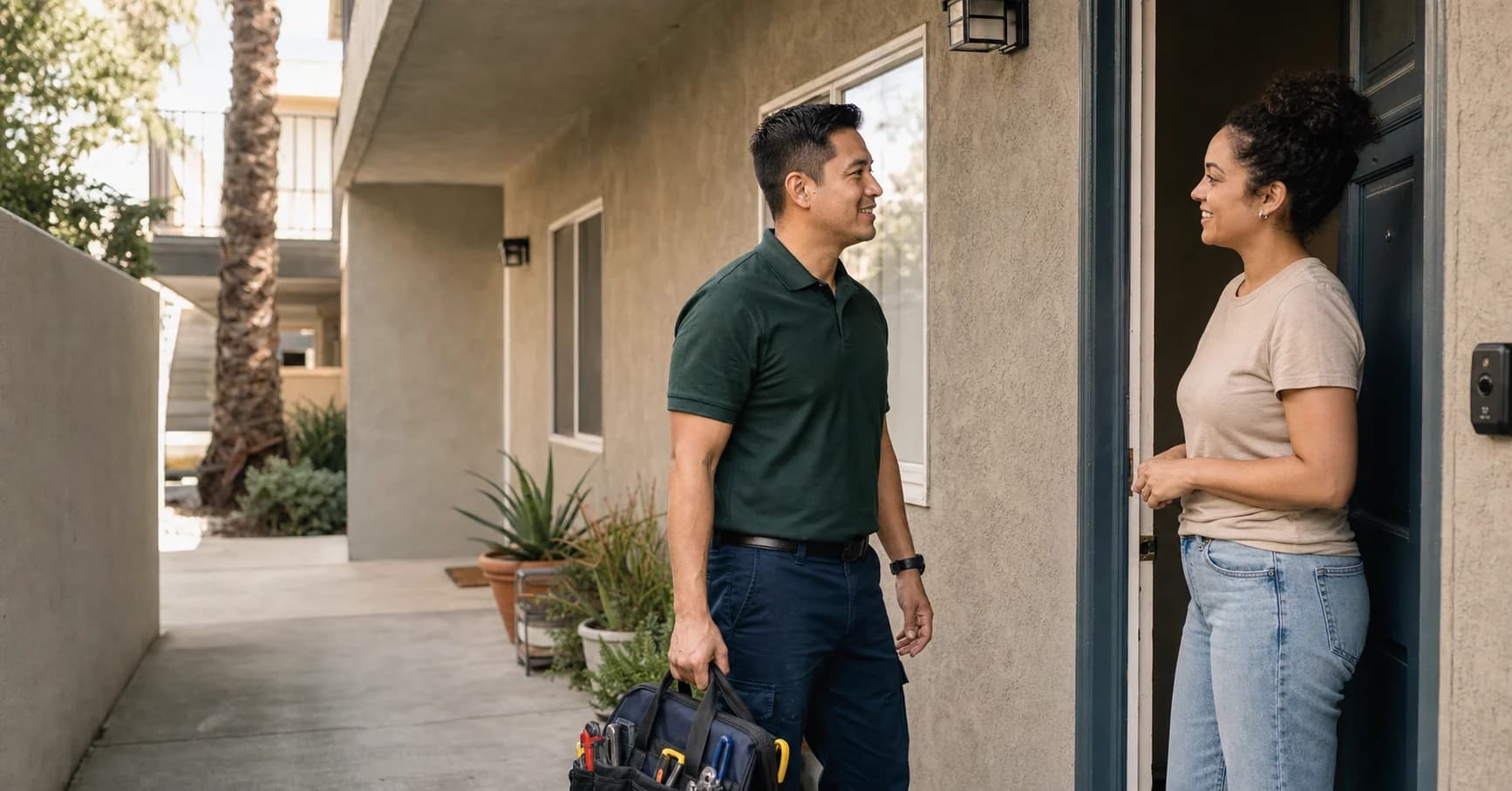 A friendly Paloma Pro professional greeting a homeowner