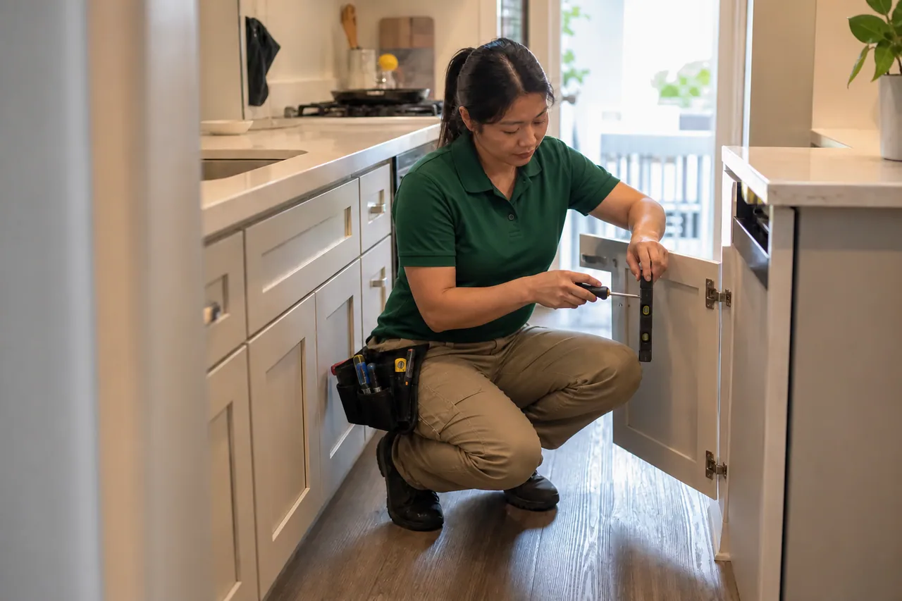 Paloma Pro technician checking the alignment of a kitchen cabinet door
