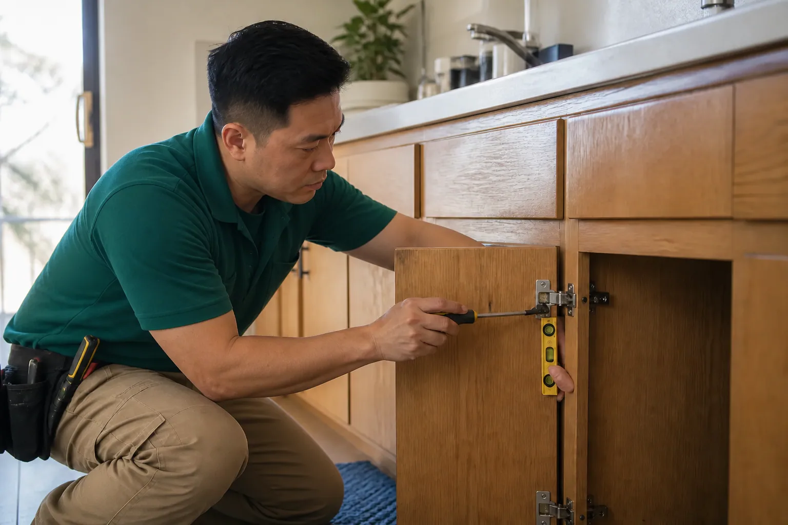 A Paloma Pro technician checking a cabinet alignment