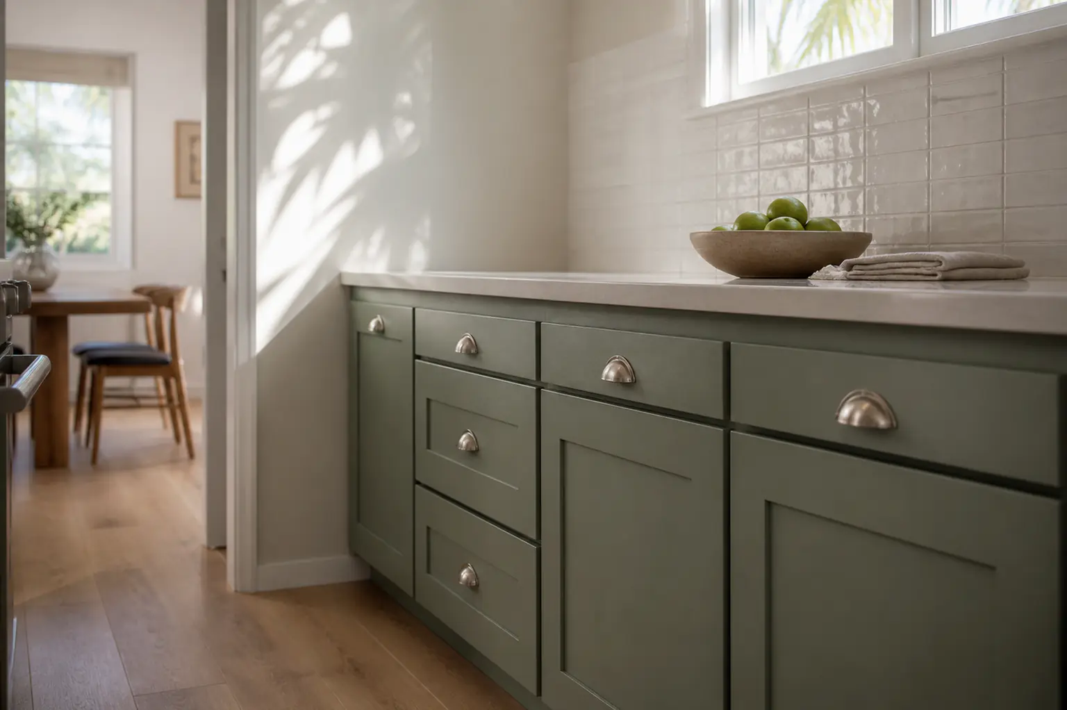 Finished sage-green kitchen cabinetry in a bright Southern California home
