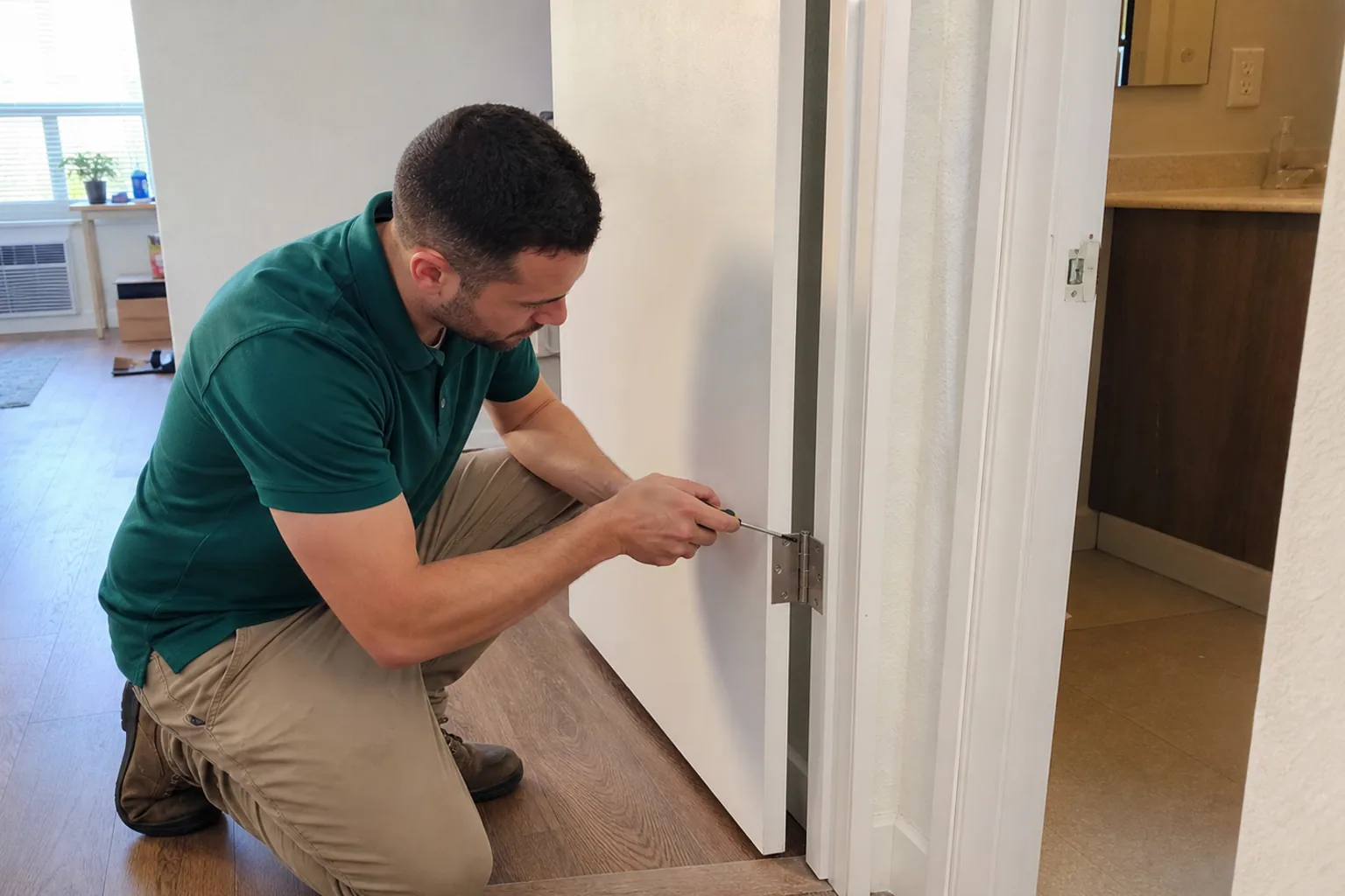 Paloma Pro technician in a green polo and khaki workwear adjusting an interior door hinge