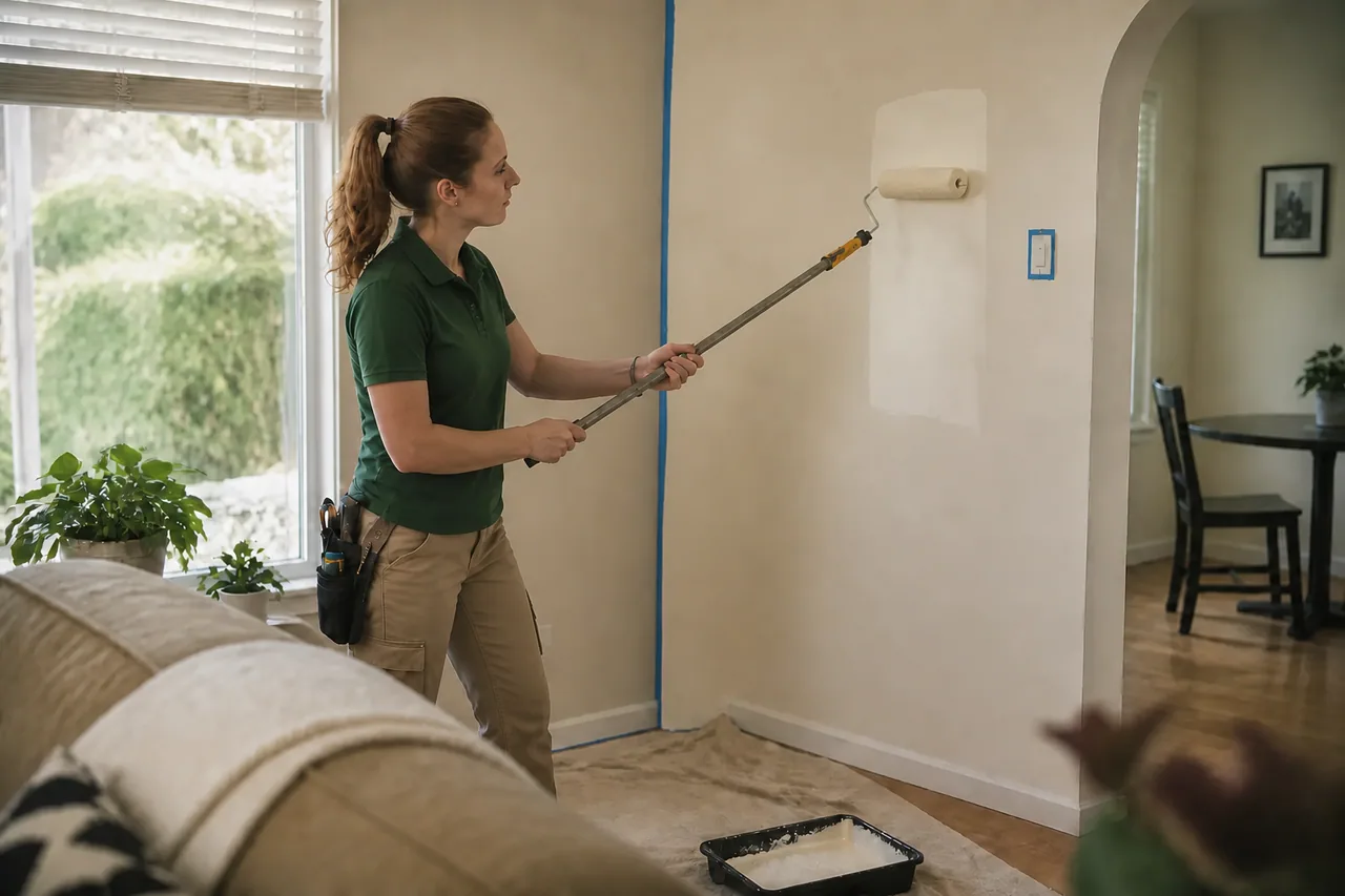 Paloma Pro technician painting a prepared wall inside a Long Beach apartment