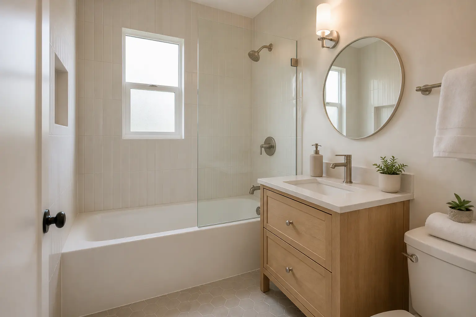 Clean finished apartment bathroom with polished fixtures and tidy surfaces