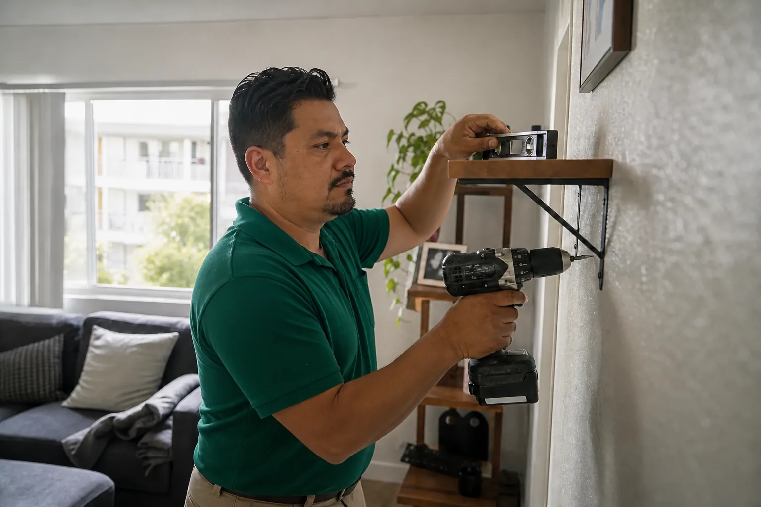 Paloma Pro technician in a green polo and khaki workwear installing a wall shelf