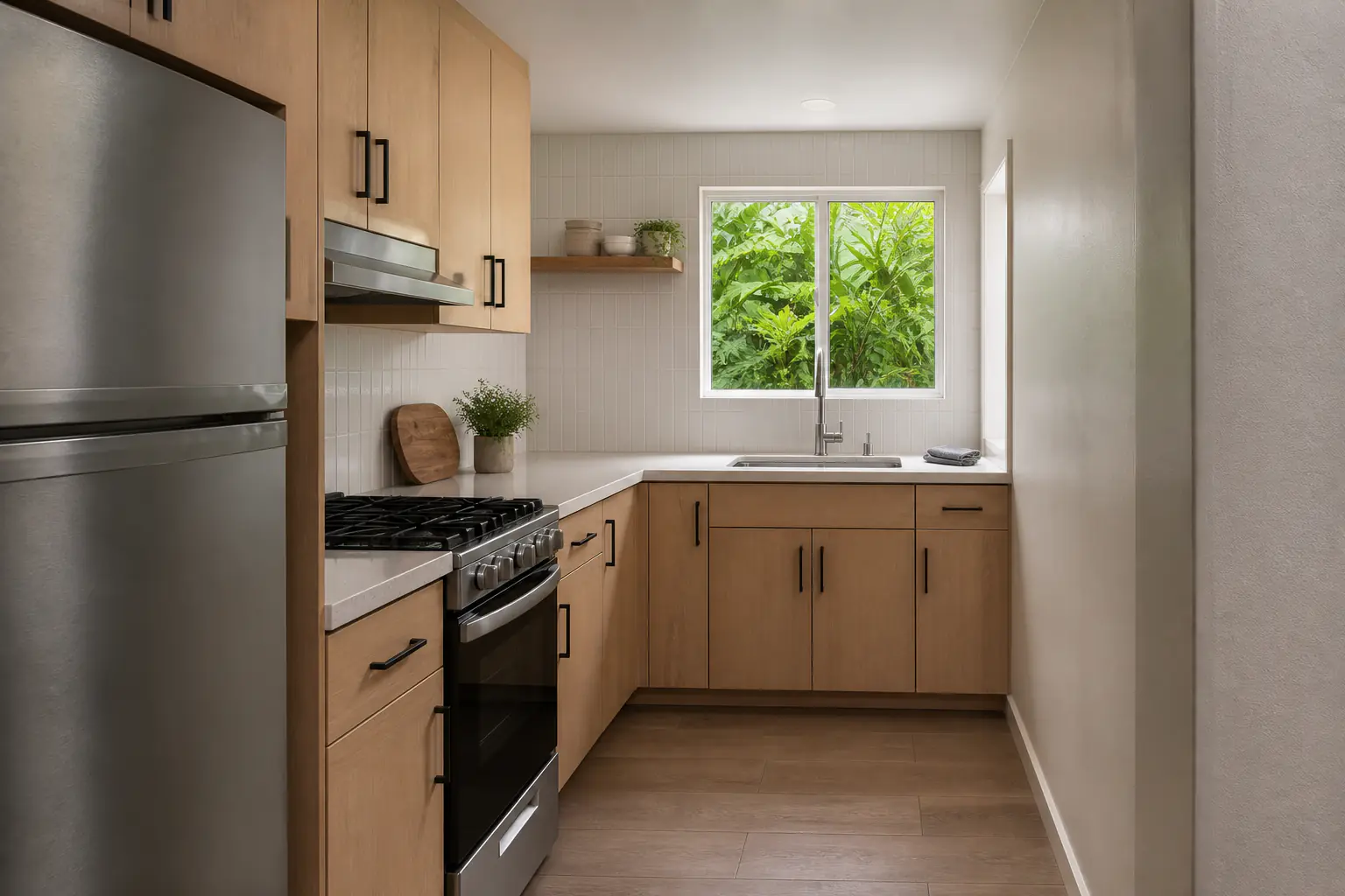 Finished light-oak kitchen with aligned cabinet doors and installed hardware