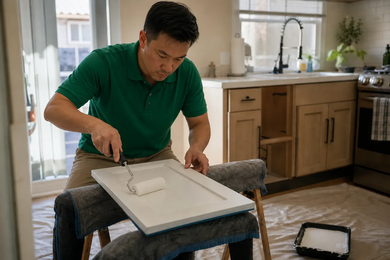Paloma Pro technician in a green polo and khaki workwear painting a cabinet door