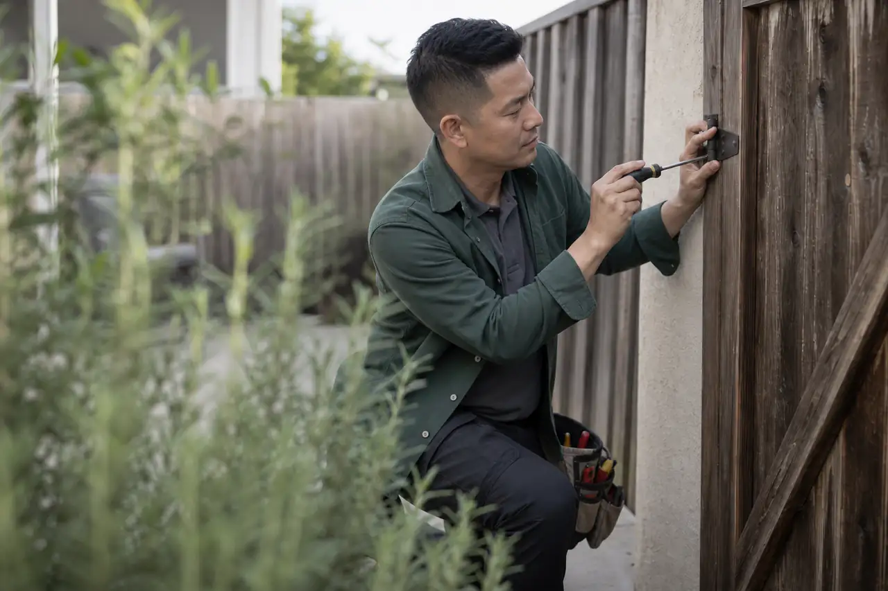 Home-service technician adjusting exterior gate hardware at a coastal residence