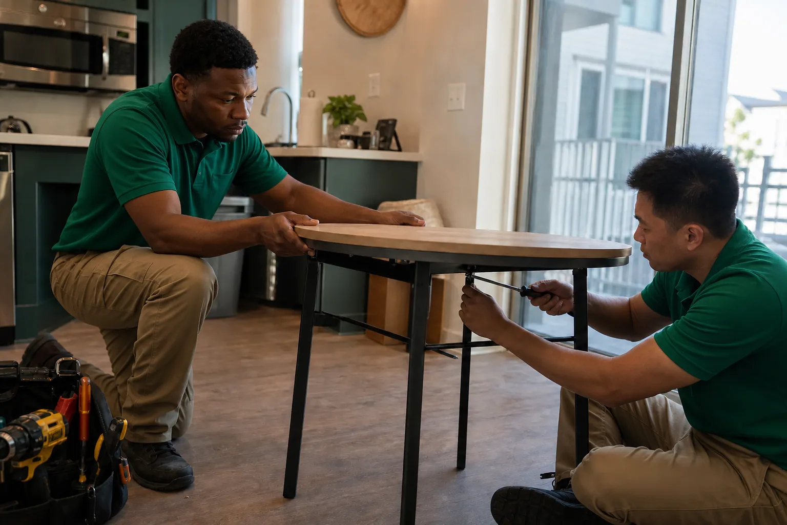 Paloma Pro technicians in green polos and khaki workwear assembling a dining table
