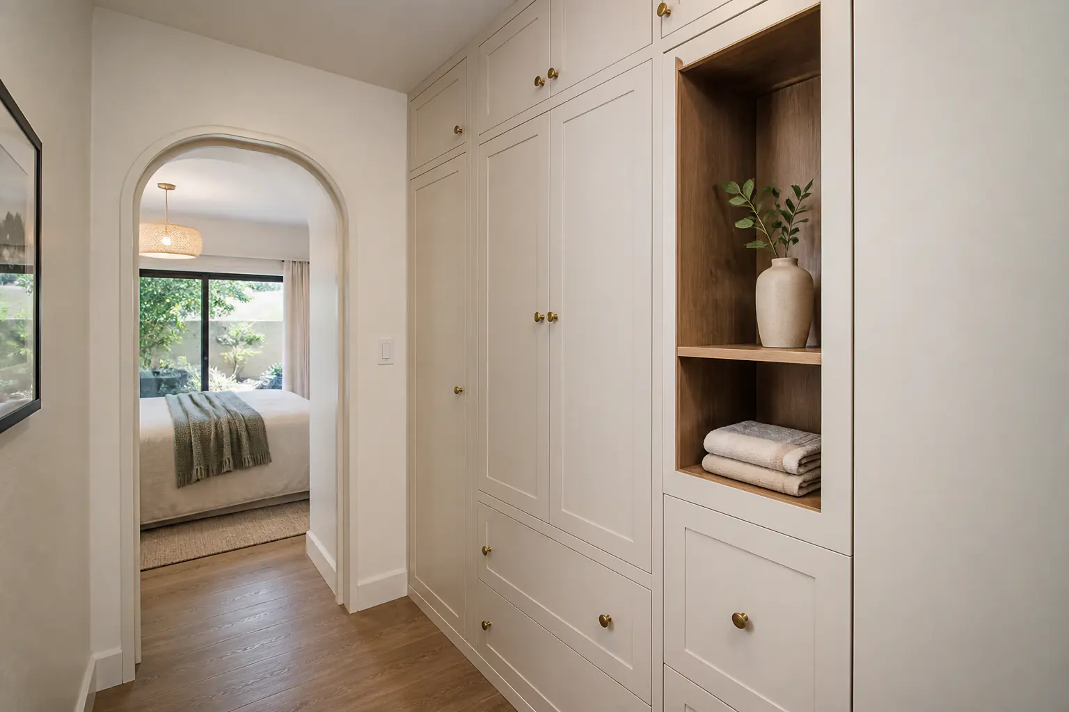 Finished built-in hallway storage with aligned doors and installed brass hardware