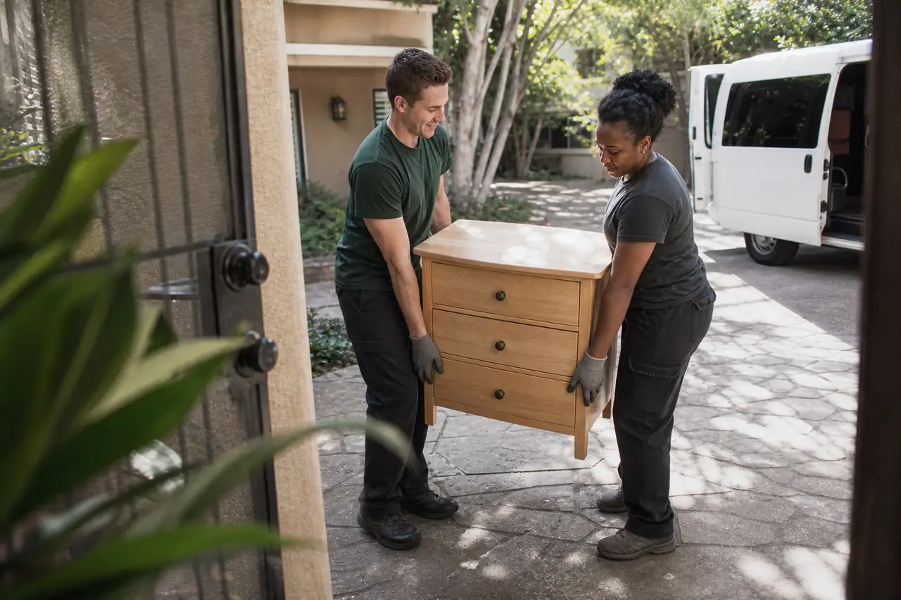 Two home-service professionals carefully moving a dresser into a residence