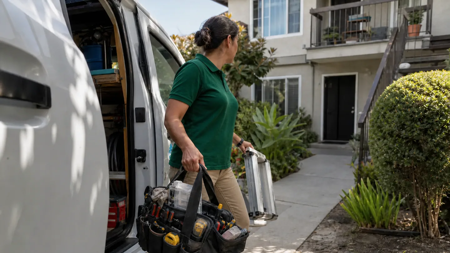 Paloma Pro technician arriving at a landscaped Southern California residence