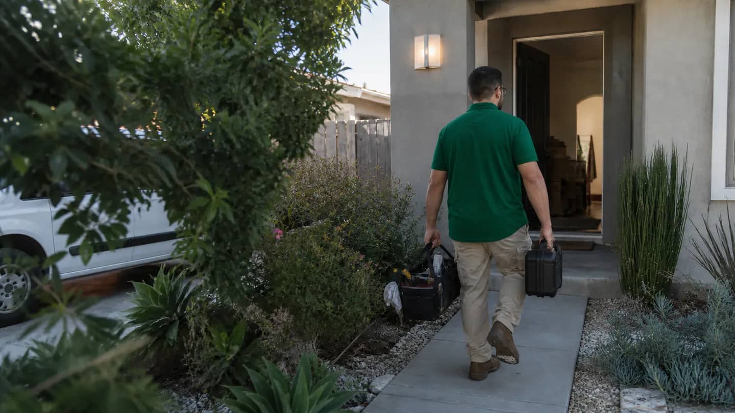 Paloma Pro home-service technician arriving in a green polo and khaki work pants