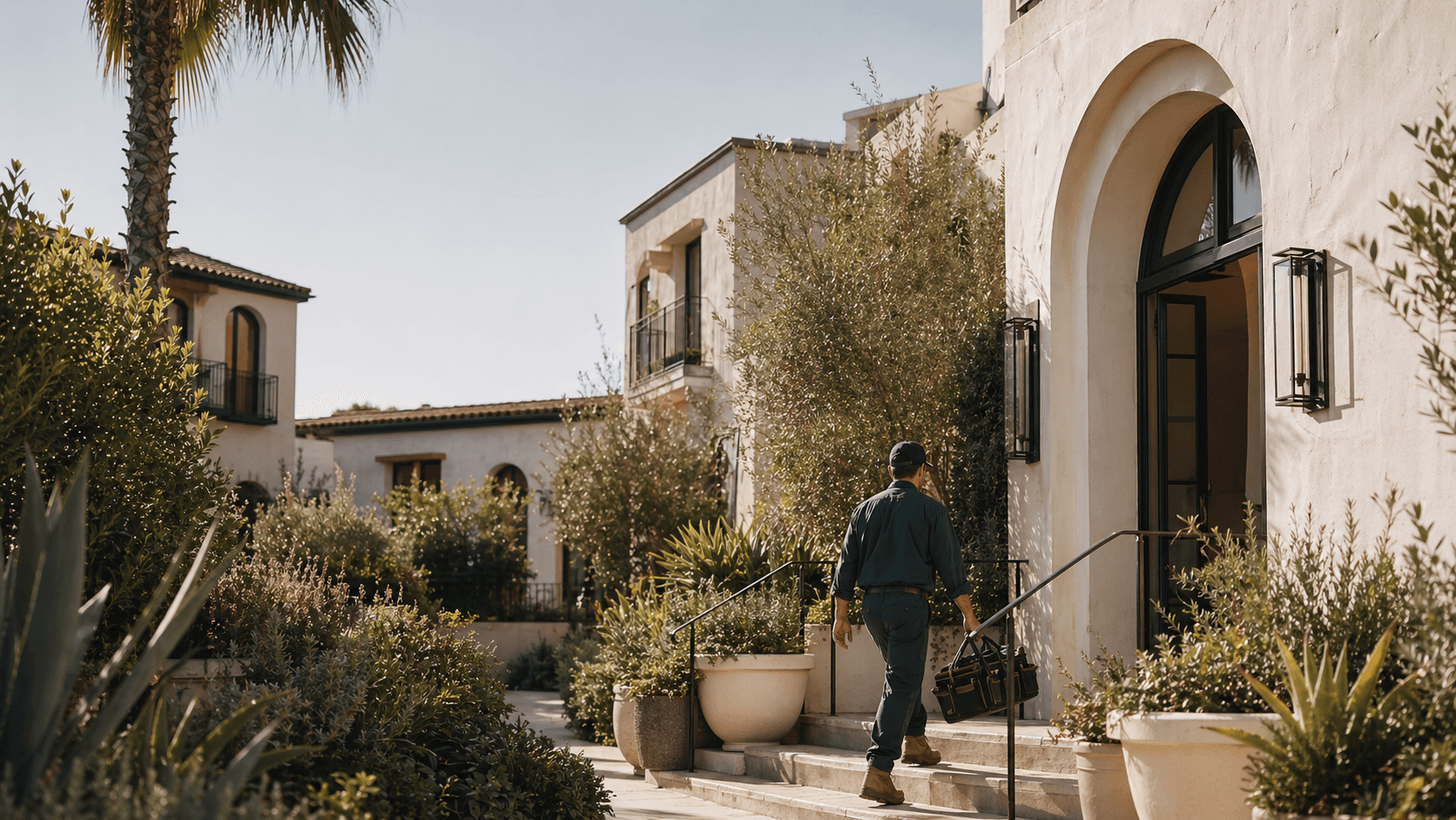 Home-service professional arriving at a landscaped coastal residence