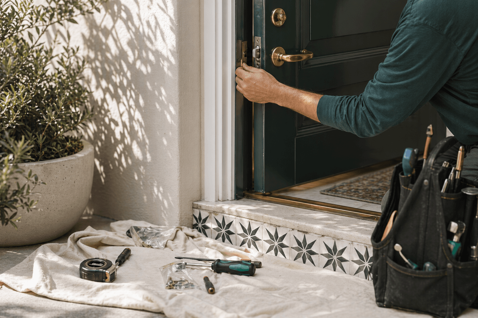 Exterior door handle and lock hardware at a coastal Southern California home