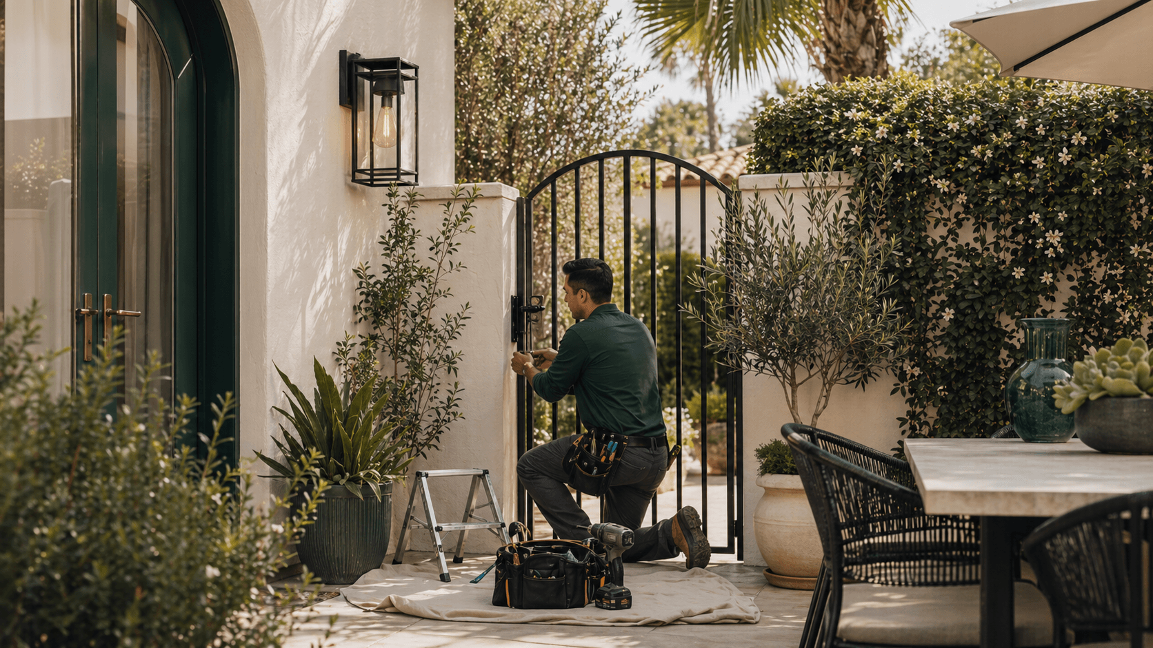Home-service professional working at a landscaped coastal courtyard