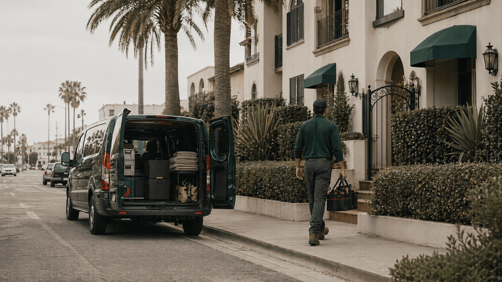 Home-service professional arriving at a landscaped coastal residence