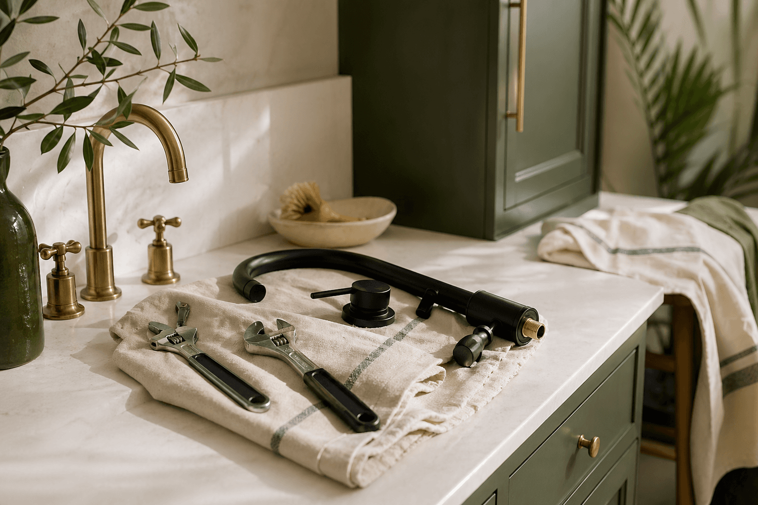 Premium home service tools arranged in a refined residential setting