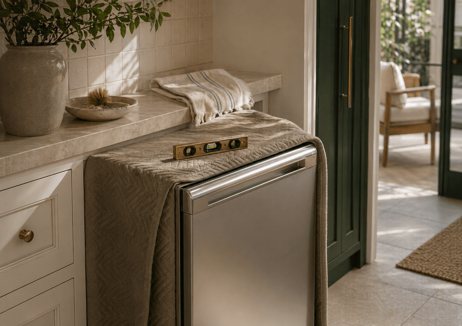 Household appliance prepared for careful setup in a residential kitchen
