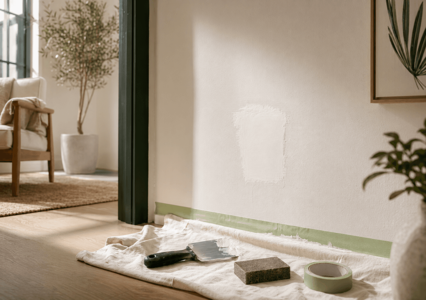 Drywall repair tools and a small prepared wall patch in a bright room