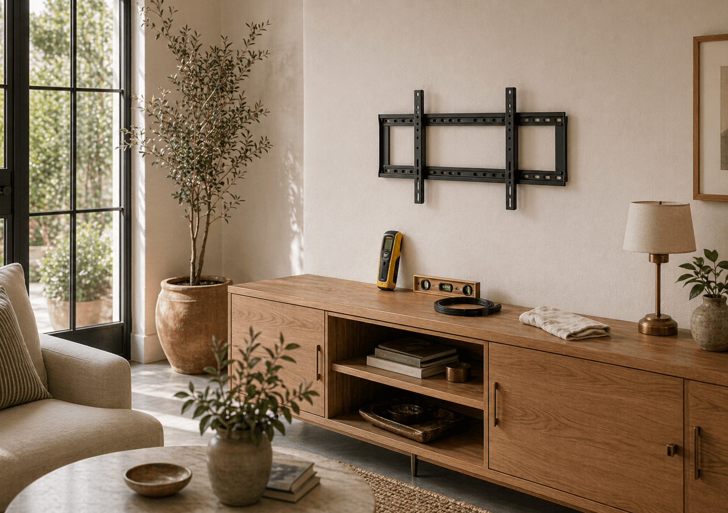 Clean television mounting layout in a residential living room